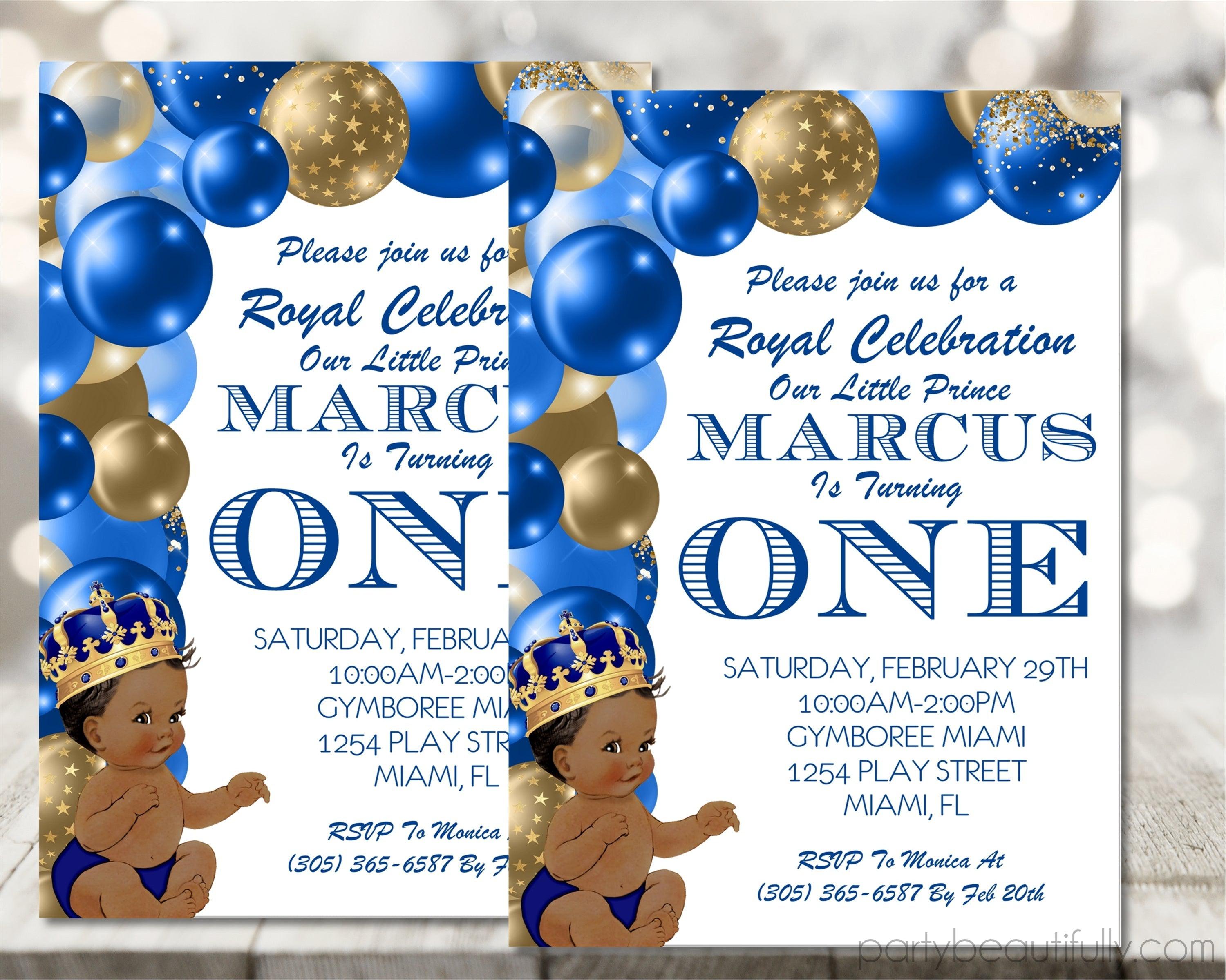 Blue And Gold Prince 1st Birthday Party Invitations