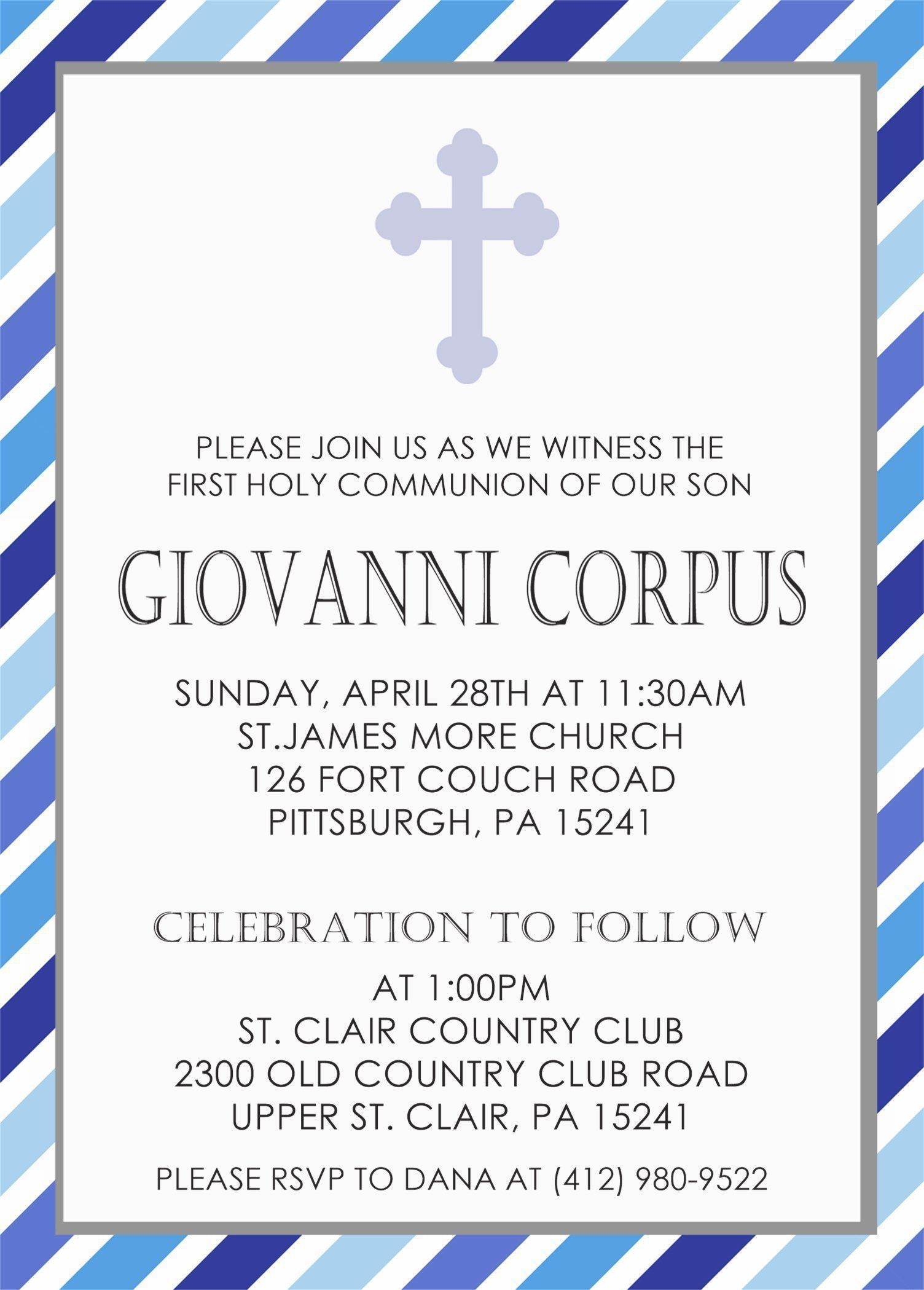 Blue And White Striped First Communion Invitations