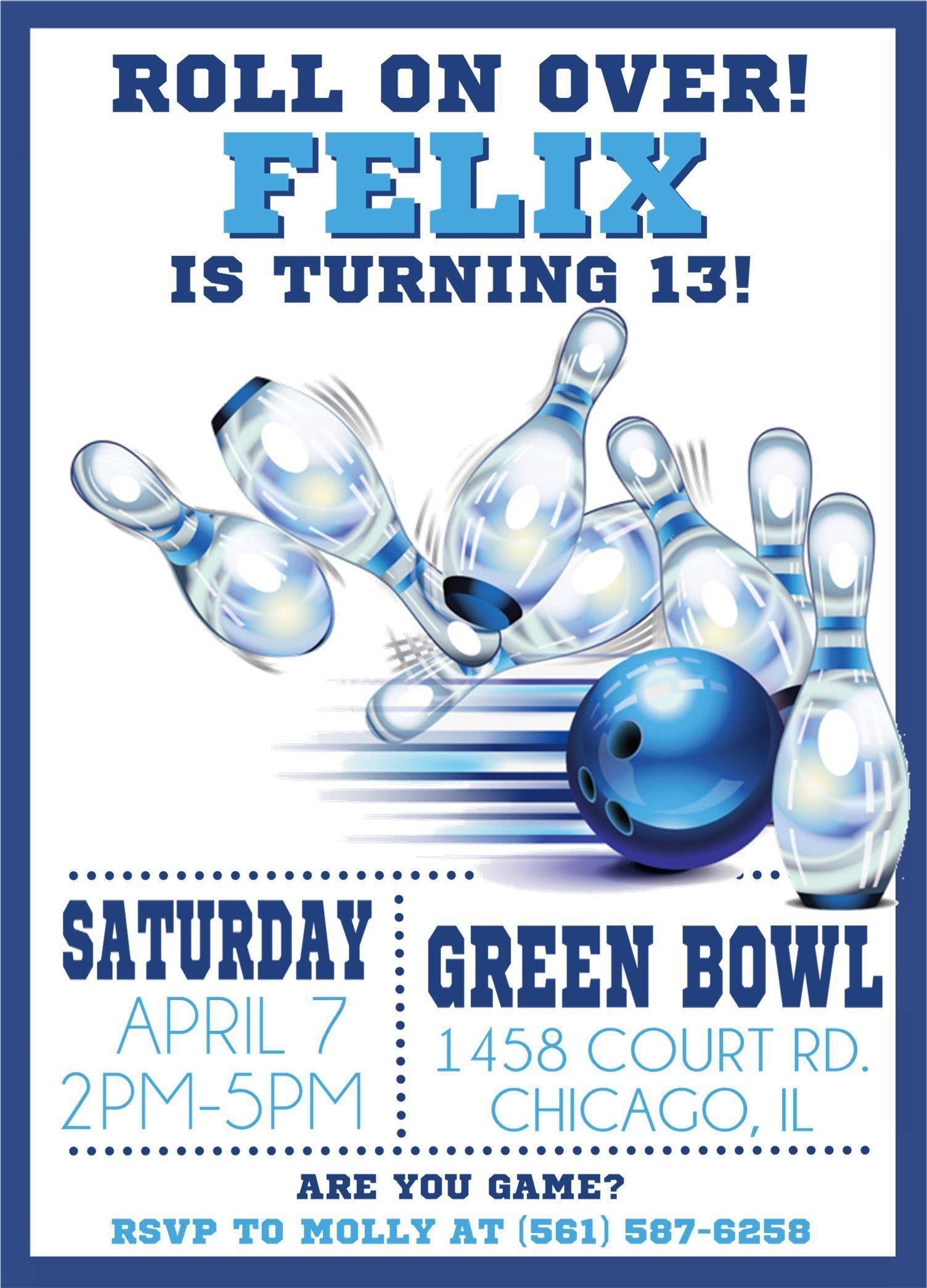 Blue Bowling Birthday Party Invitations