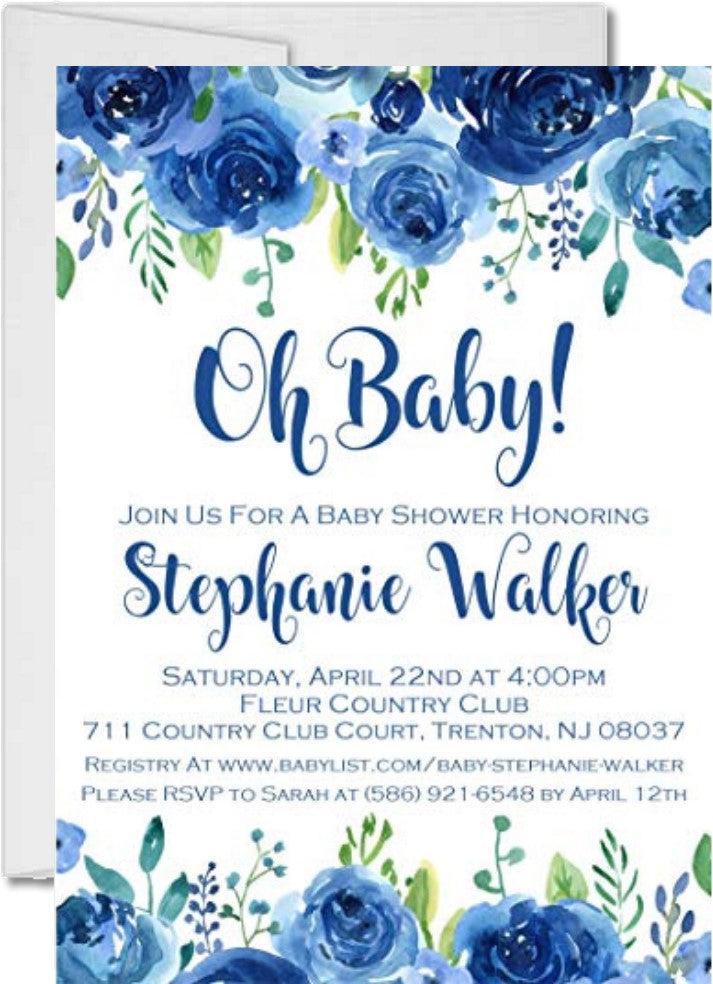 Blue Floral Baby Shower Invitations