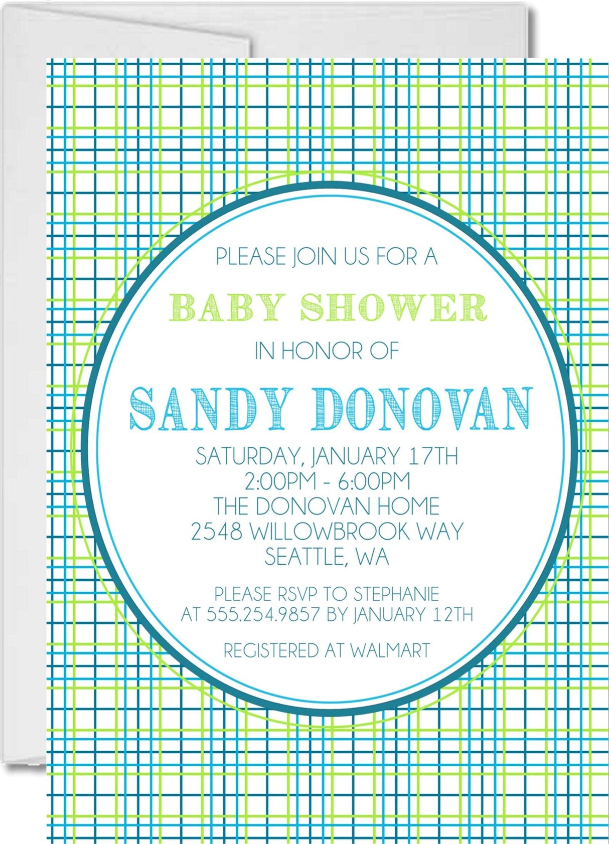 Blue & Lime Plaid Baby Shower Invitations