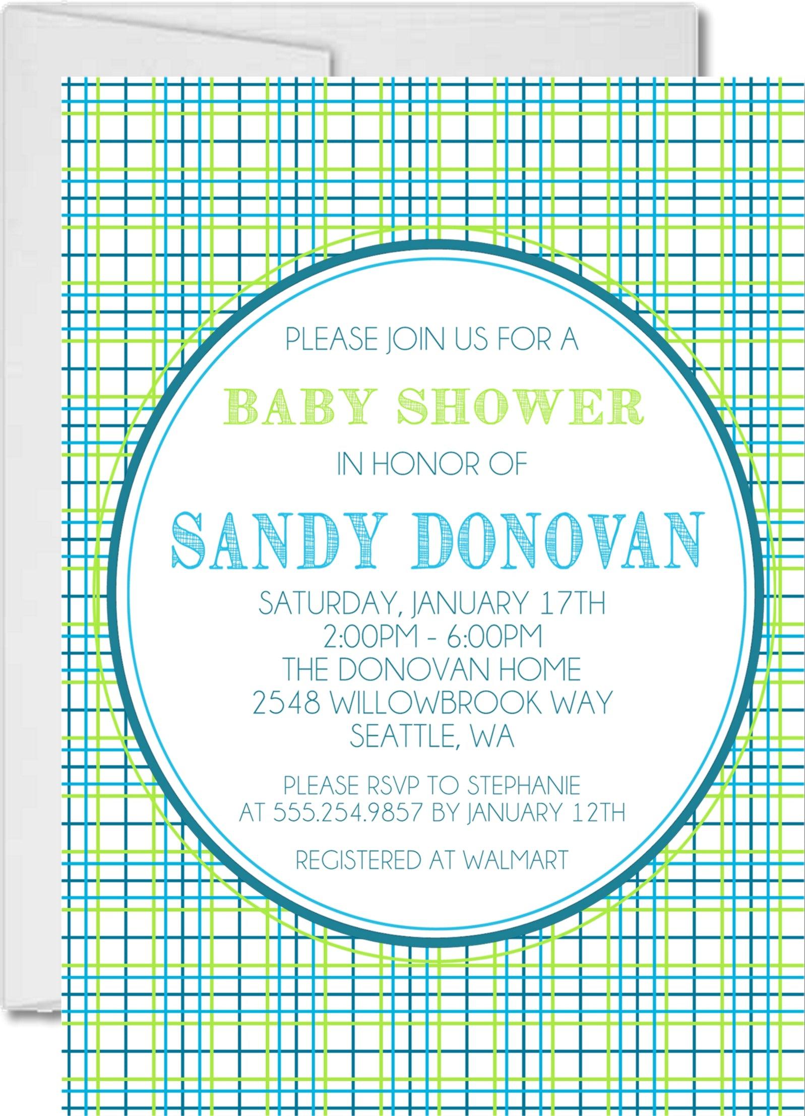 Blue & Lime Plaid Baby Shower Invitations