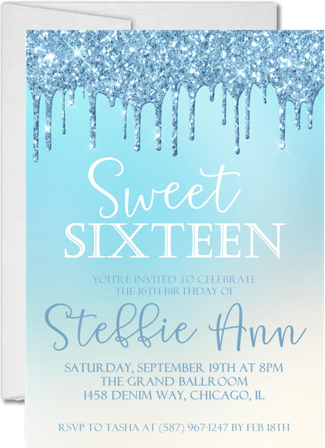 Blue Ombre Sweet 16 Party Invitations