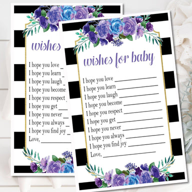 Blue, Purple, Black & White Floral Baby Shower Wish Cards