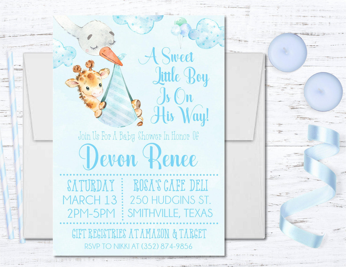 Blue Safari Giraffe Baby Shower Invitations