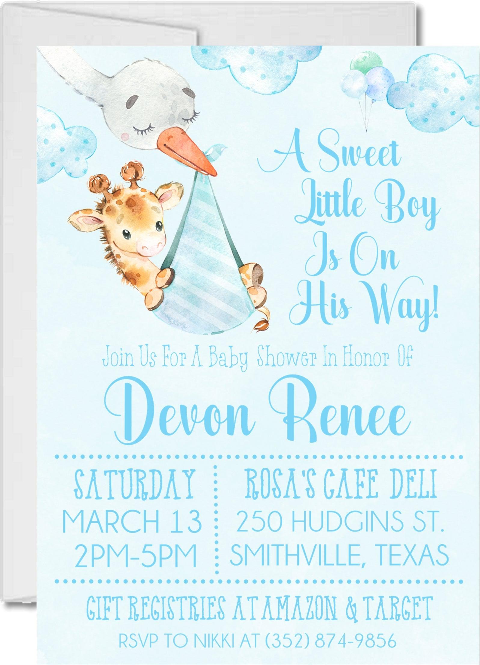 Blue Safari Giraffe Baby Shower Invitations