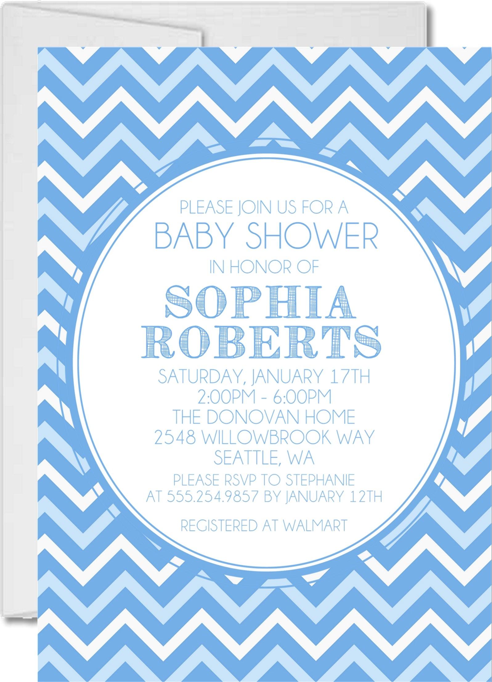 Blue & White Chevron Baby Shower Invitations