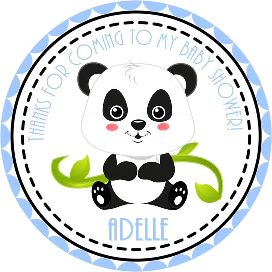 Blue Panda baby shower sticker with bamboo design