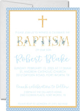 Blue and gold baptism invitation with floral cross design