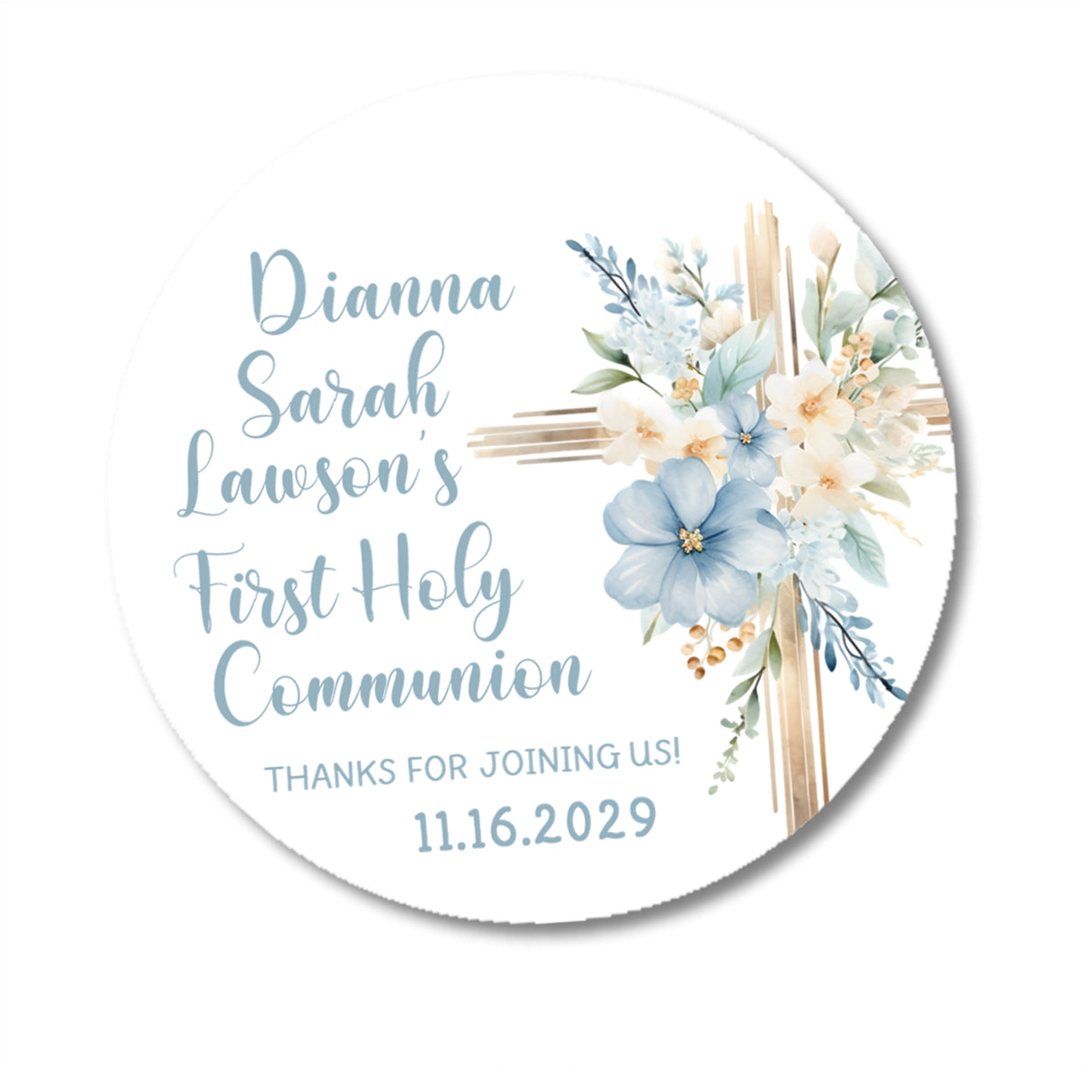 Blue and gold communion party favor stickers