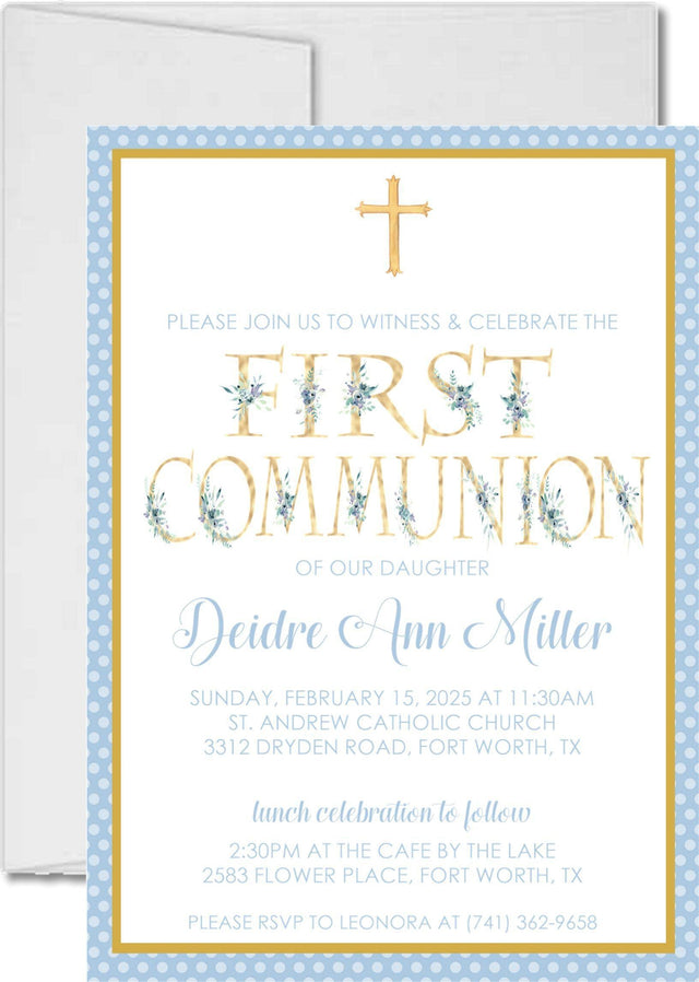 Blue and gold first holy communion invitation with floral cross