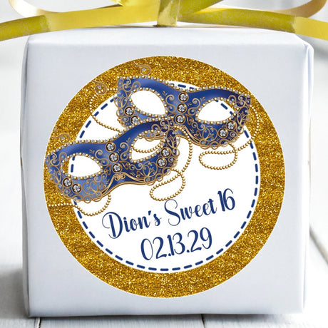 Blue and gold masquerade Sweet 16 sticker with printed glitter border