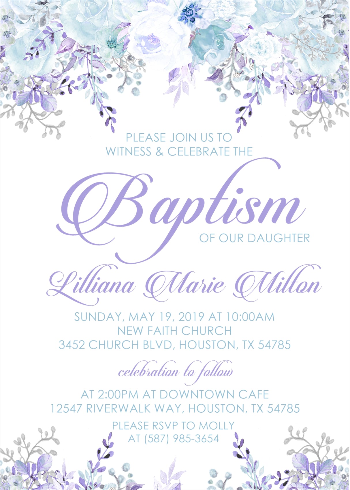 Blue and purple floral baptism invitation with watercolor flowers and elegant script