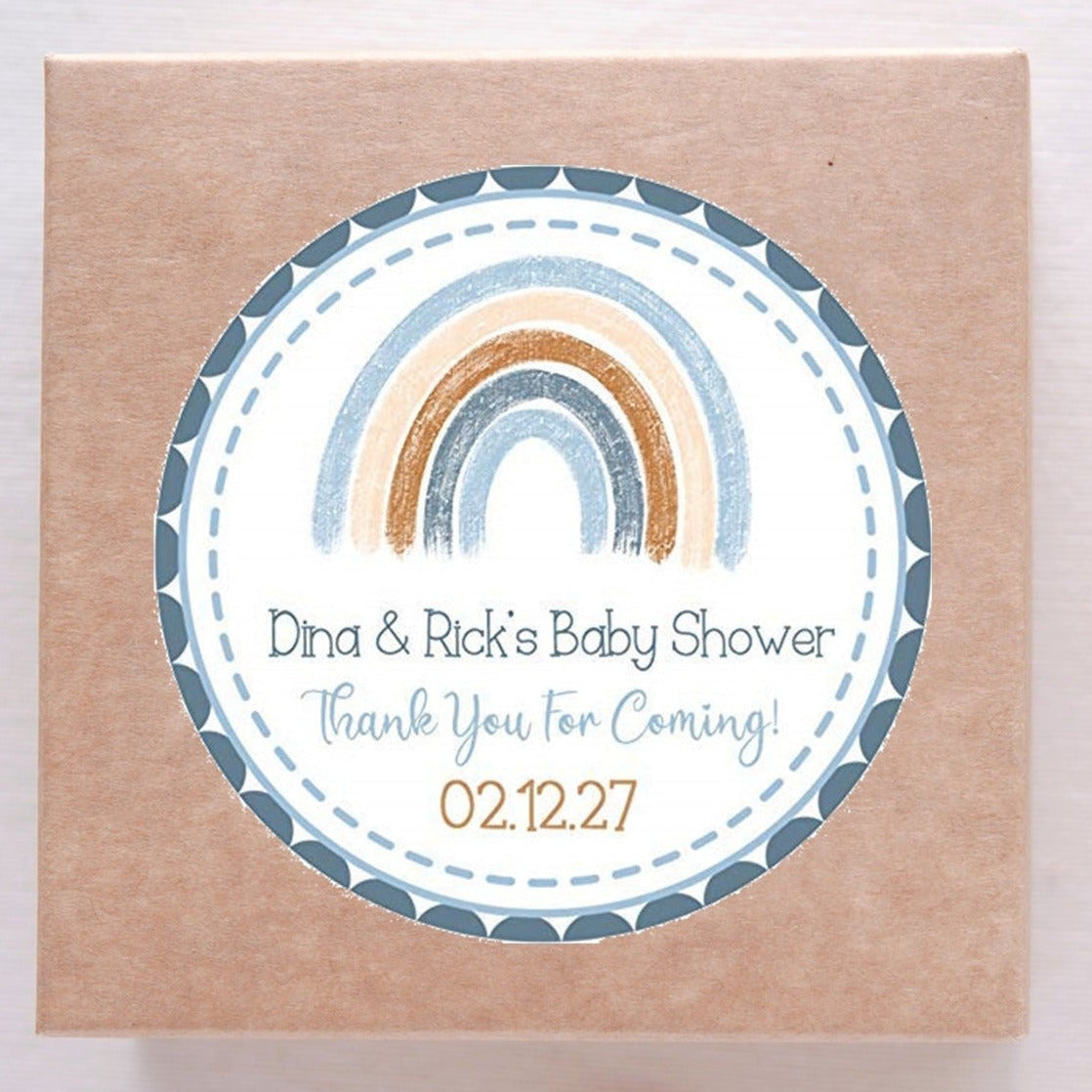 Blue and tan boho rainbow baby shower sticker