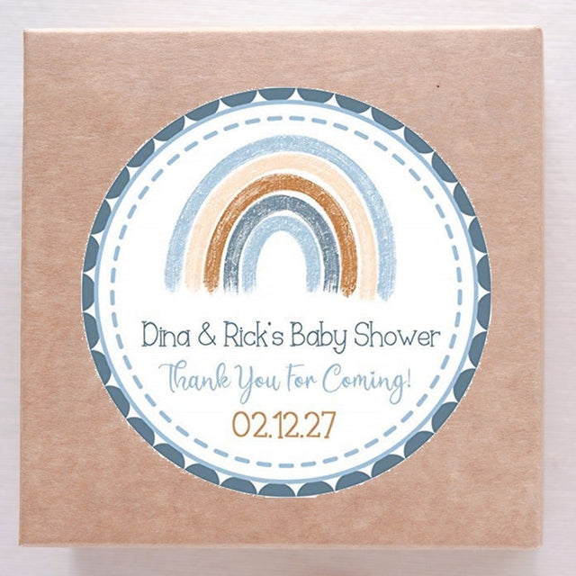 Blue and tan boho rainbow baby shower sticker