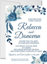 Blue and white floral wedding invitation featuring navy and ivory watercolor flowers.
