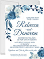 Blue and white floral wedding invitation featuring navy and ivory watercolor flowers.