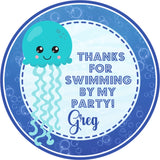 Blue aqua ocean themed birthday sticker with smiling jellyfish