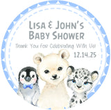 Blue arctic animals baby shower sticker with penguin bear and snow leopard
