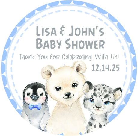 Blue arctic animals baby shower sticker with penguin bear and snow leopard