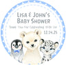 Blue arctic animals baby shower sticker with penguin bear and snow leopard