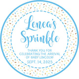 Blue baby sprinkle favor stickers with colorful sprinkles