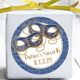 Blue border masquerade Sweet 16 birthday favor label