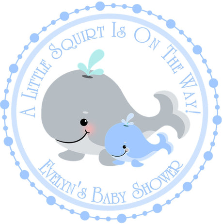 Blue cute whale baby shower labels with mommy and baby design