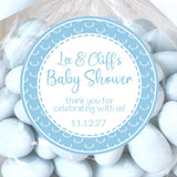 Blue deer baby shower stickers with white antler border design.