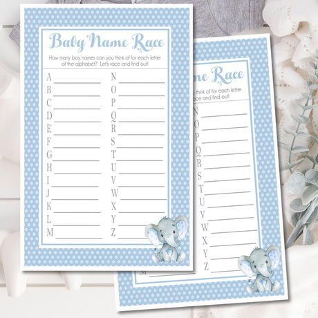 Blue elephant baby name race printable game
