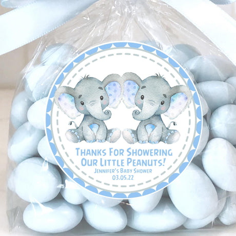 Blue elephant twins baby shower stickers for boys