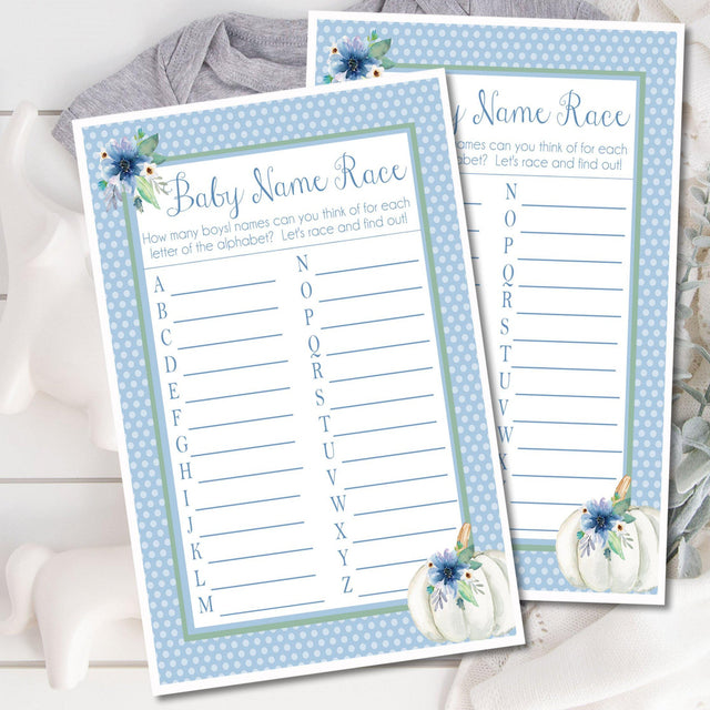 Blue fall pumpkin baby name race game printable PDF