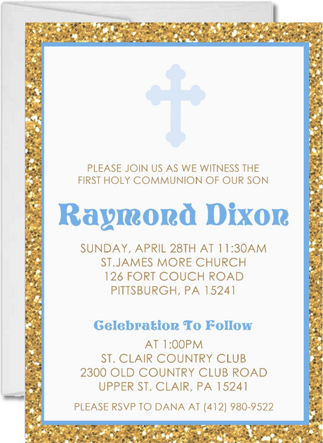 Blue first communion invitation with gold background and cross design