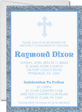 Blue first communion invitation with silver background and cross design