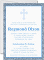 Blue first communion invitation with silver background and cross design