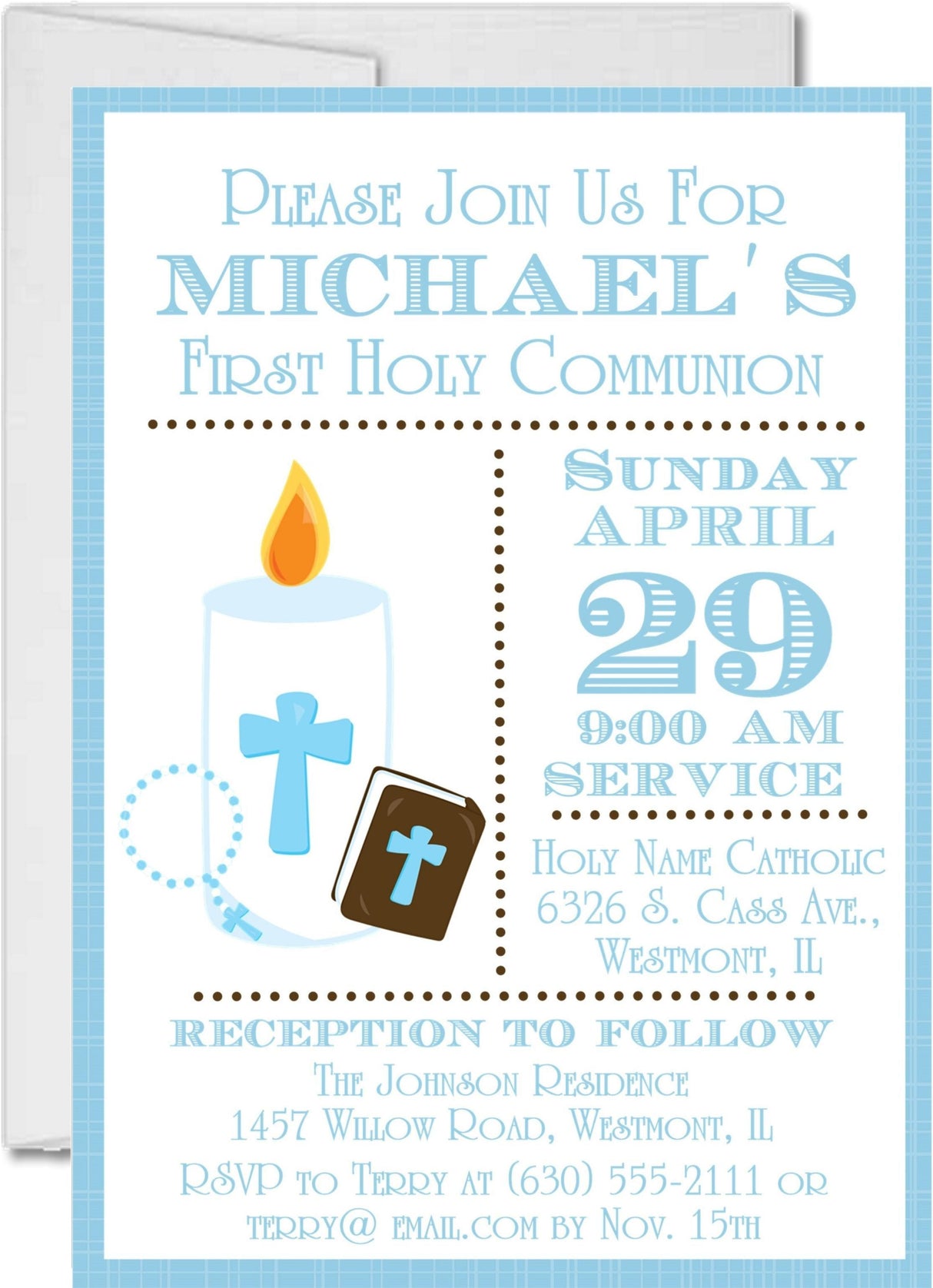 Blue first holy communion invitation with candle and cross design