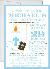 Blue first holy communion invitation with candle and cross design