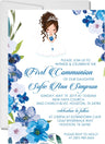 Blue floral First Communion invitation with girl character