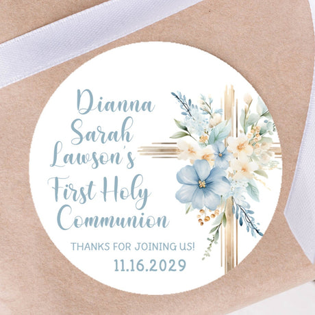 Blue floral First Holy Communion sticker with cross