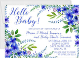 Blue floral Sip & See invitation with Hello Baby wording