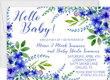 Blue floral Sip & See invitation with Hello Baby wording