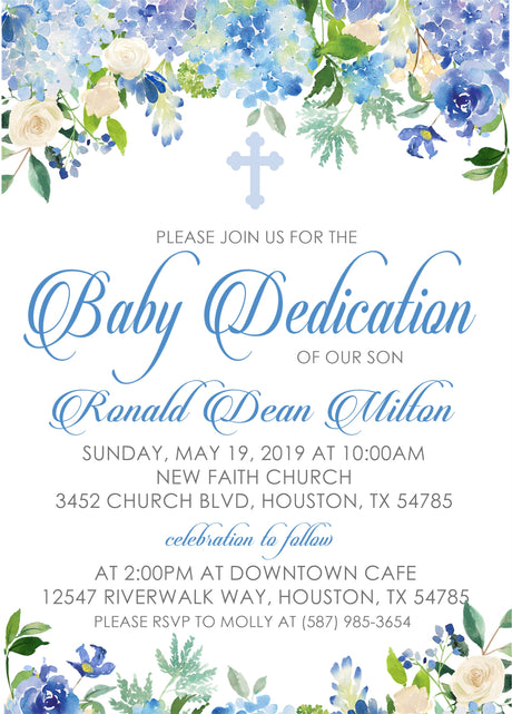 Blue floral baby dedication invitation