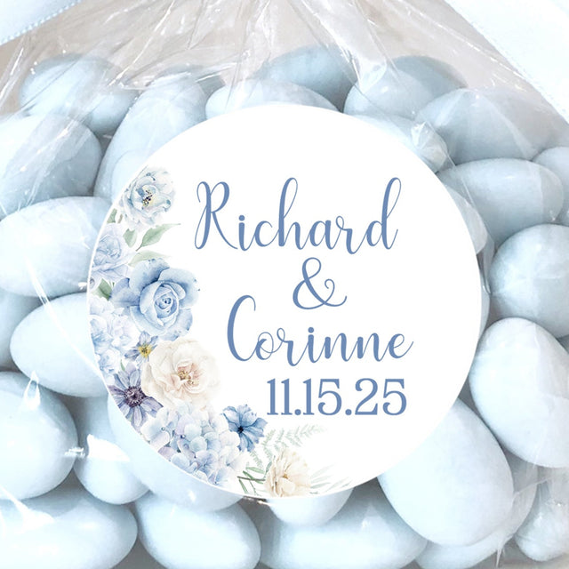 Blue floral wedding sticker with soft watercolor flowers
