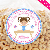Blue gymnastics birthday sticker with girl on balance beam