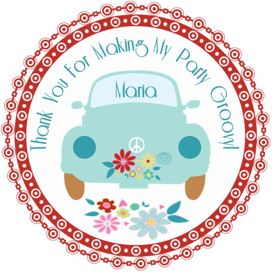 Blue hippie bus birthday sticker with retro flower power design and personalized name