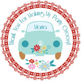 Blue hippie bus birthday sticker with retro flower power design and personalized name