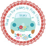 Blue hippie bus birthday sticker with retro flower power design and personalized name