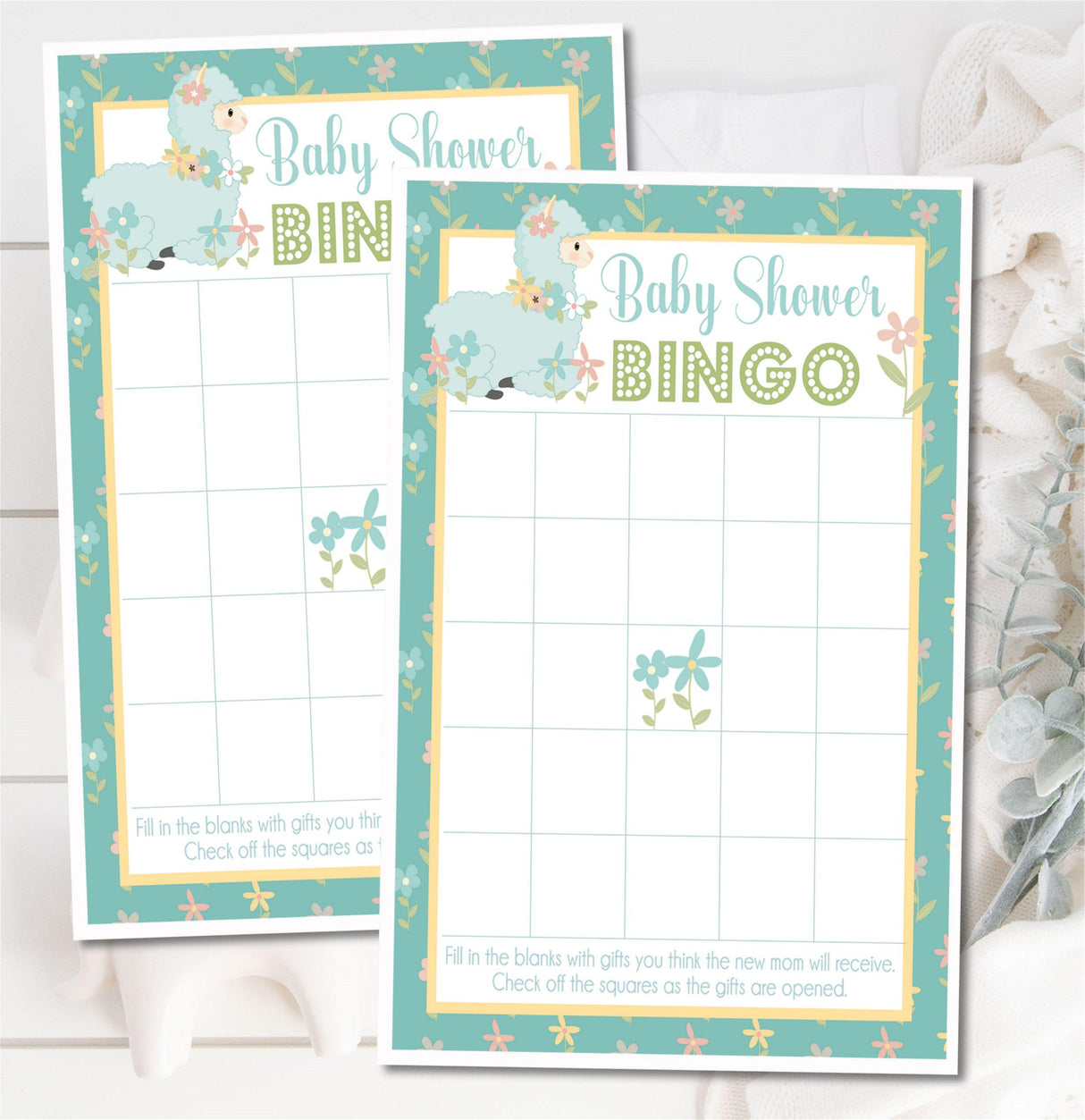 Blue llama baby shower bingo printable game