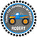 Blue monster truck birthday sticker with crashing by theme and custom name