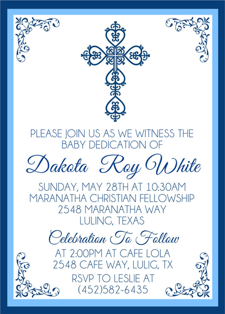 Blue ornate cross baptism invitation with decorative border